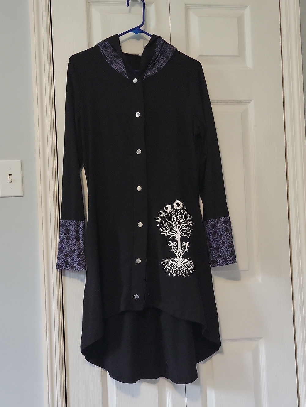 Black Button-Down Longline Jacket with Purple Trim and White Tree Graphic